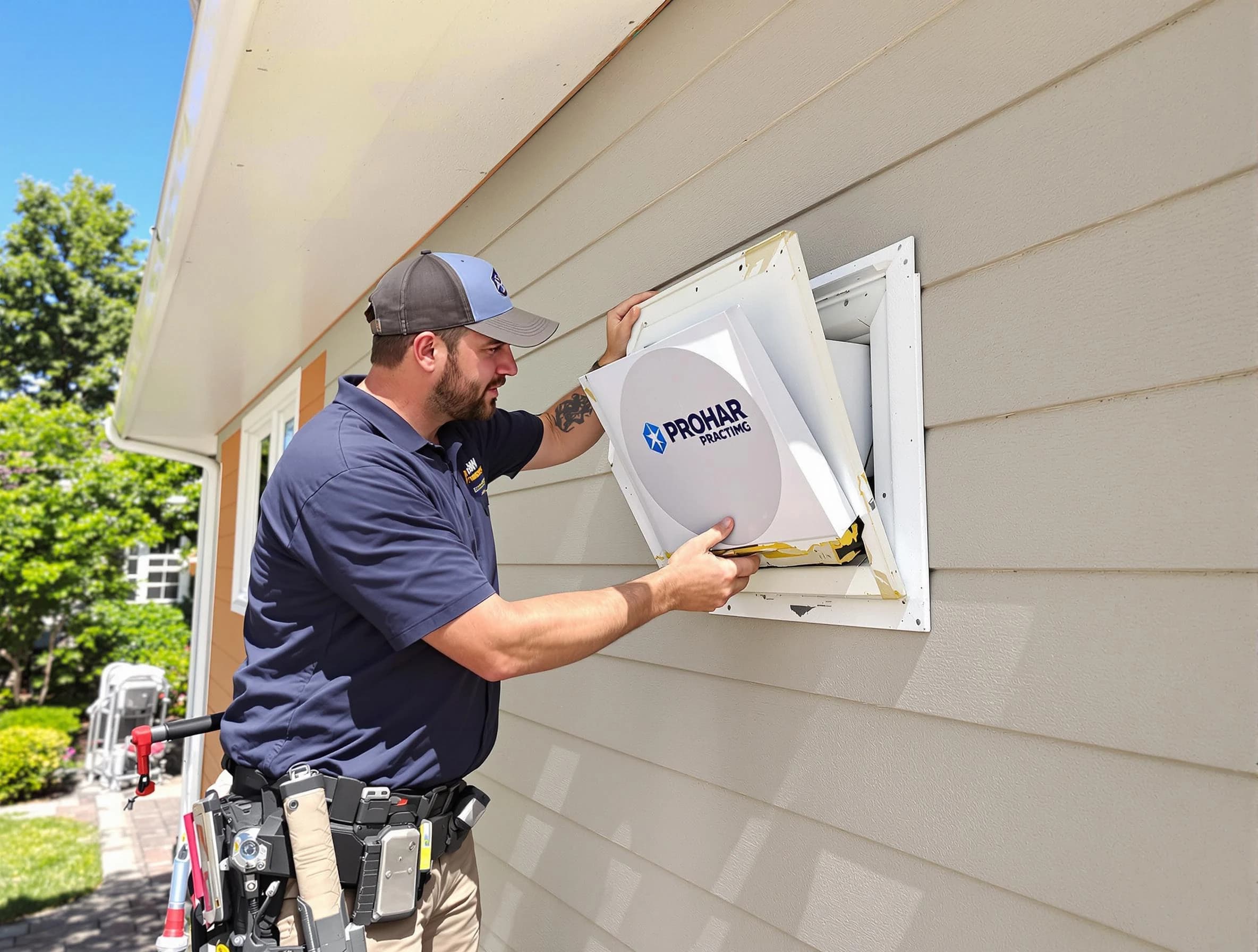 Woodmoor Dryer Vent Cleaning technician installing a new protective dryer vent cover on a home in Woodmoor