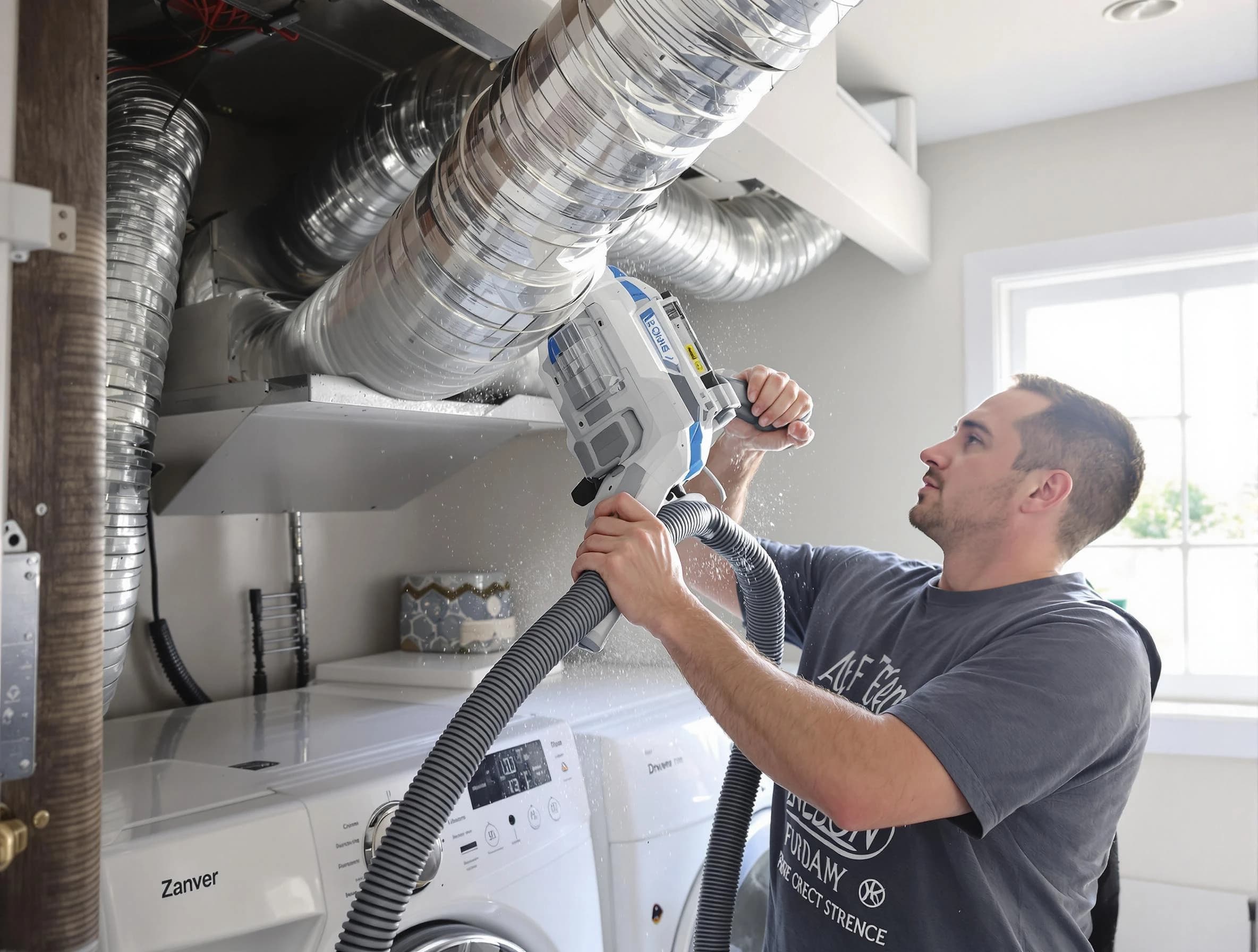 Woodmoor Dryer Vent Cleaning specialist cleaning deep within a dryer vent duct system in Woodmoor