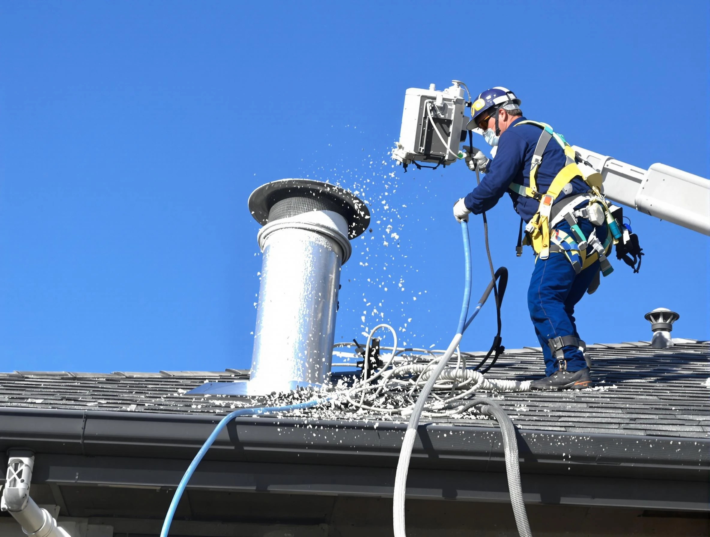 Woodmoor Dryer Vent Cleaning certified technician safely cleaning a roof-mounted dryer vent in Woodmoor